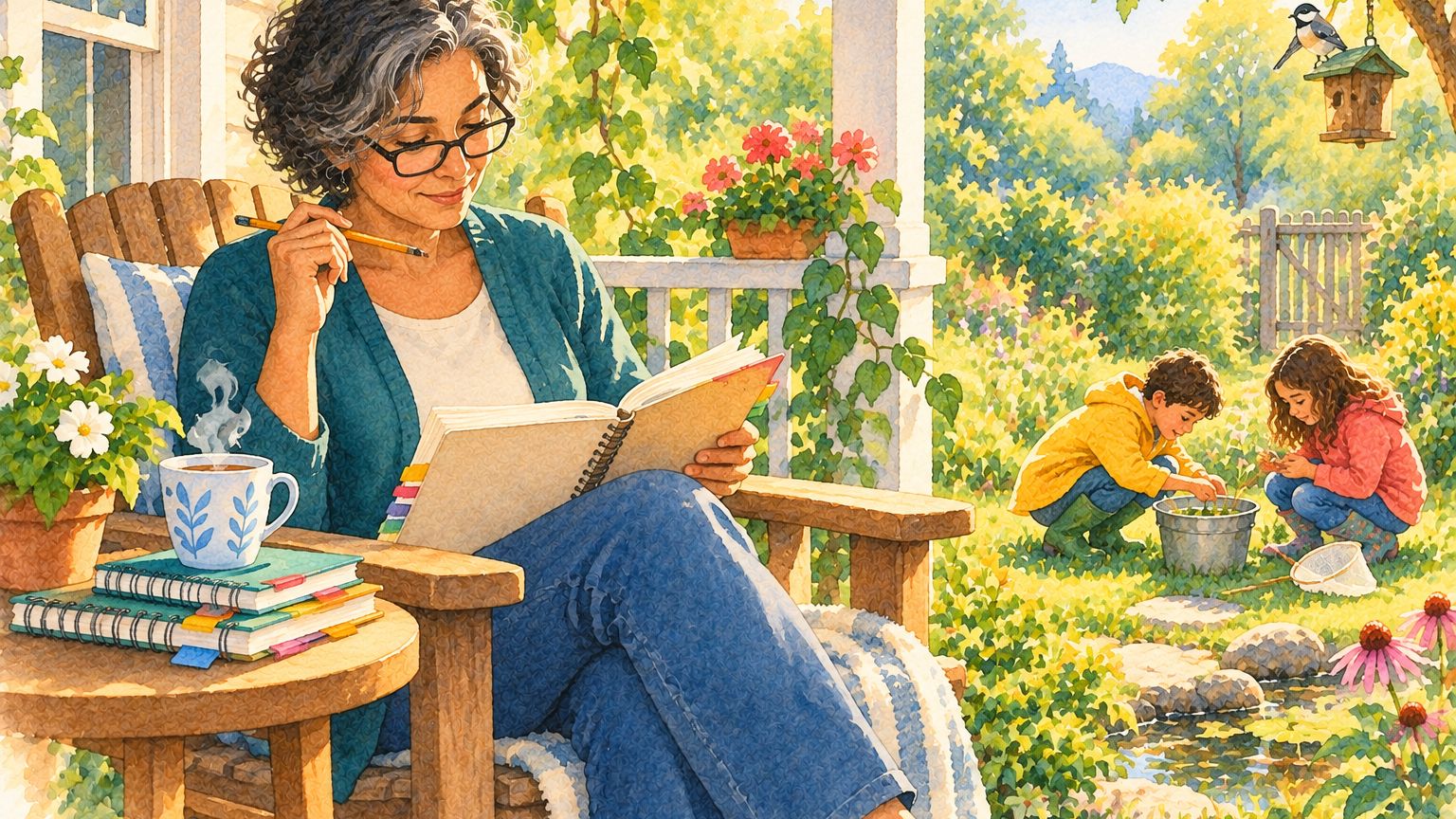 A parent reads a notebook of ideas with a pencil and a cup of tea on a sunny porch while two children crouch over a bucket of pond water in the garden.