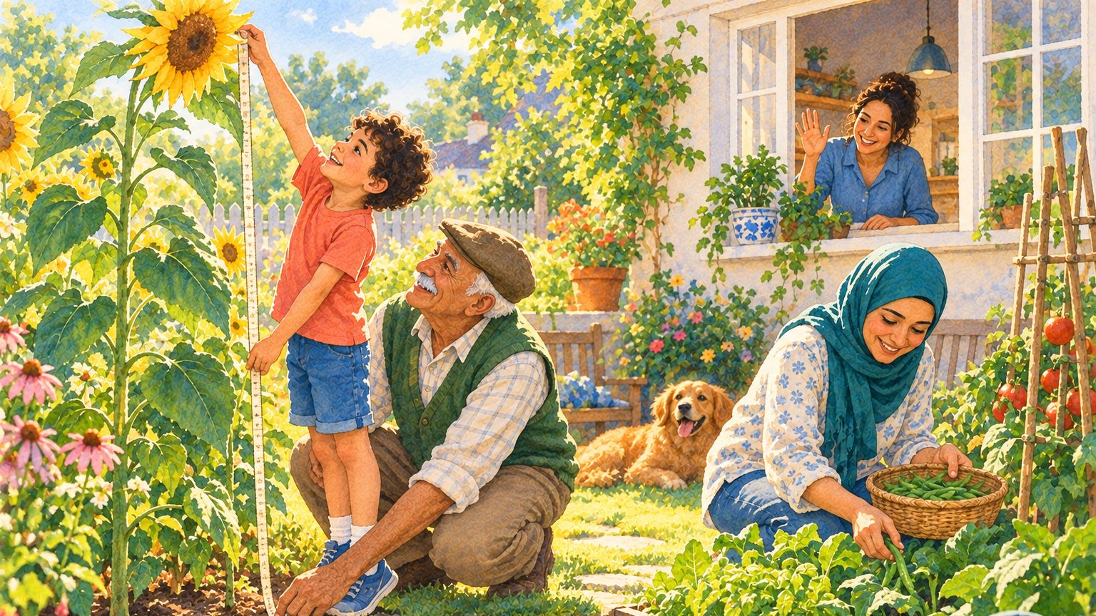 Learning with family help: a boy on tiptoe holds a tape measure to the top of a sunflower while his grandfather reads it, an aunt picks beans and a parent waves from the kitchen window.