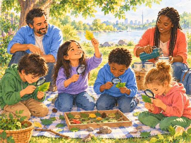 Four children on a park blanket look at leaves through magnifying glasses while two adults sit nearby.