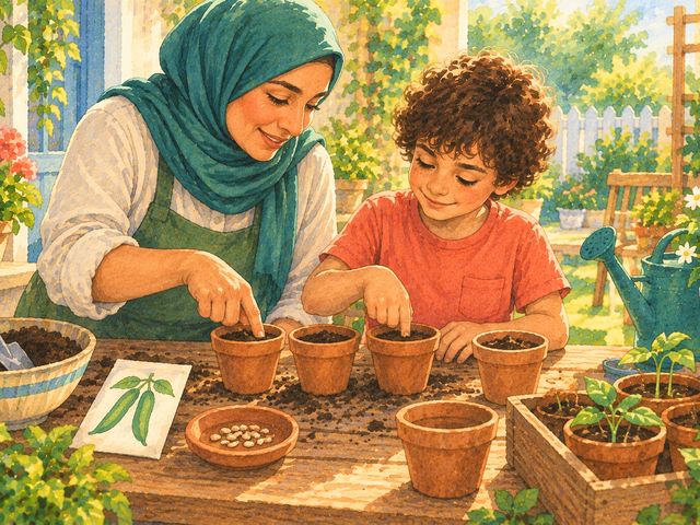 An aunt shows a boy how deep to press bean seeds into small pots.