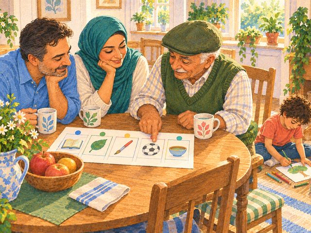 A father, an aunt and a grandfather look at one paper week together over tea while the boy draws nearby.