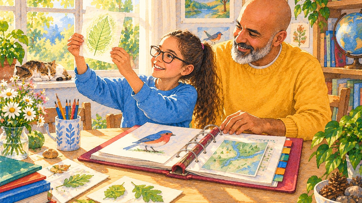 Keeping a record: a girl in glasses holds a leaf rubbing up to the window while her father closes a red ring binder holding her painting of a bird and a hand-drawn map.