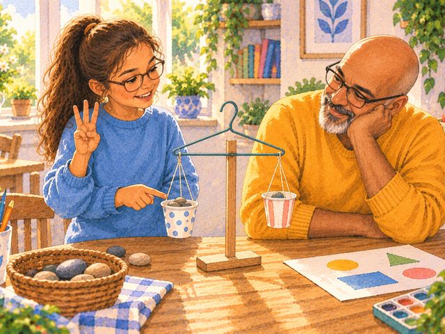A girl explains her coat-hanger balance in her own words while her father listens; a finished sheet lies to one side.