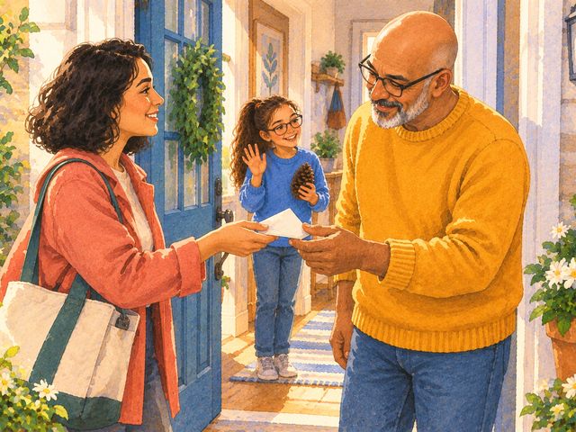 After a session, a tutor hands the father a short note at the door while the girl waves with a pine cone.