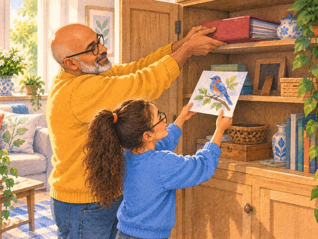 A father puts the red record binder on a high cupboard shelf as his daughter hands up a last painting.