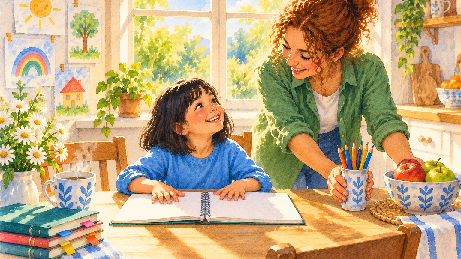 A first morning of learning at home: a child in a blue jumper grins up from a new, blank notebook at the kitchen table while a parent sets down a jar of pencils beside a bowl of apples.