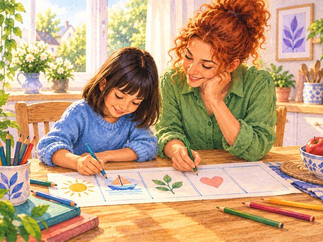 Mother and daughter draw small pictures into a hand-ruled week of boxes, one box left empty.