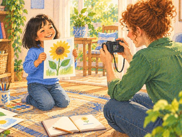 A girl holds up her sunflower painting while her parent photographs it, a notebook open on the rug between them.