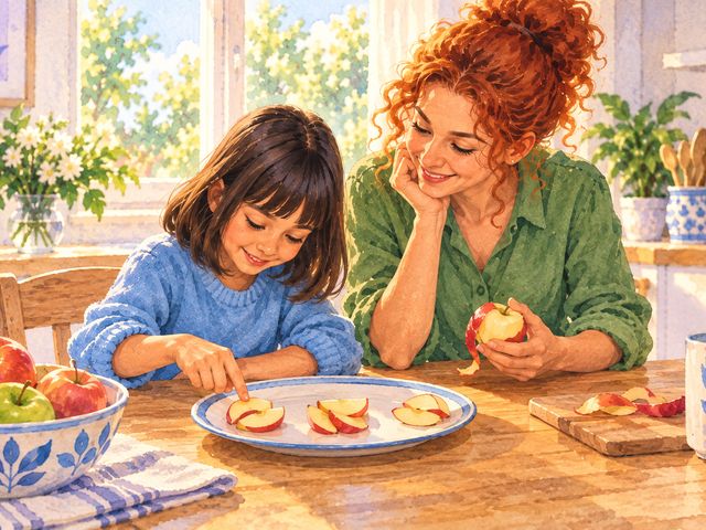 A girl counts apple slices into small groups at the kitchen table while her mother peels an apple beside her.