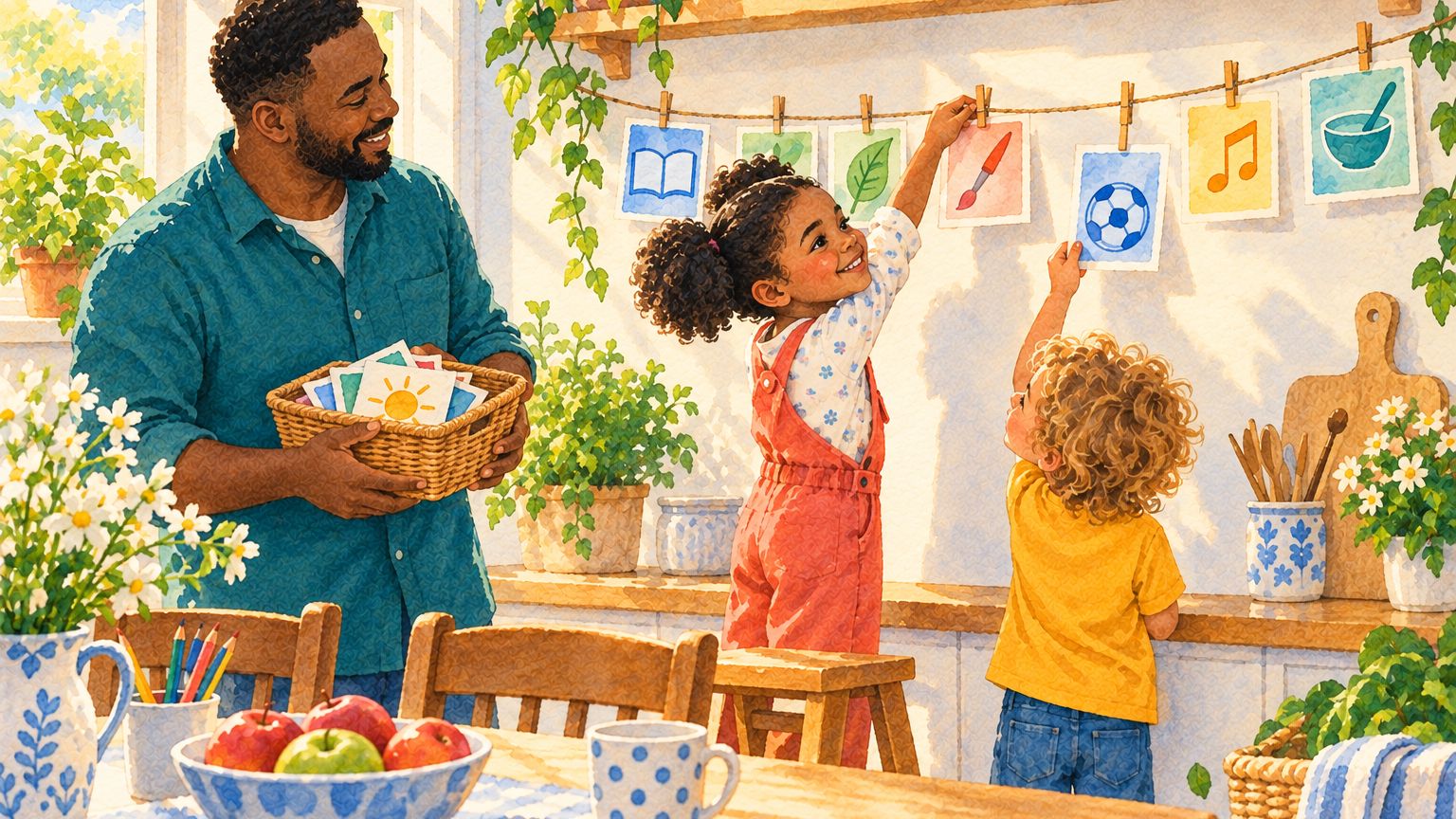 Planning the week on the kitchen wall: two children peg picture cards for a book, a leaf, a paintbrush, a ball, a note and a mixing bowl onto a string while their father holds the basket of cards.