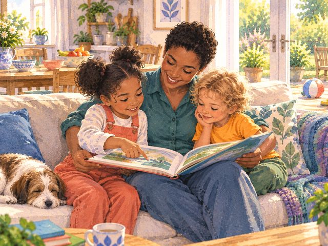 After breakfast, a parent and two children read one big picture book together on the sofa.