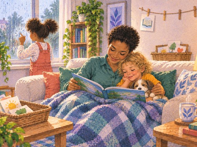 A rainy day: a parent reads to the younger child under a blanket while the older one draws raindrops on the window.