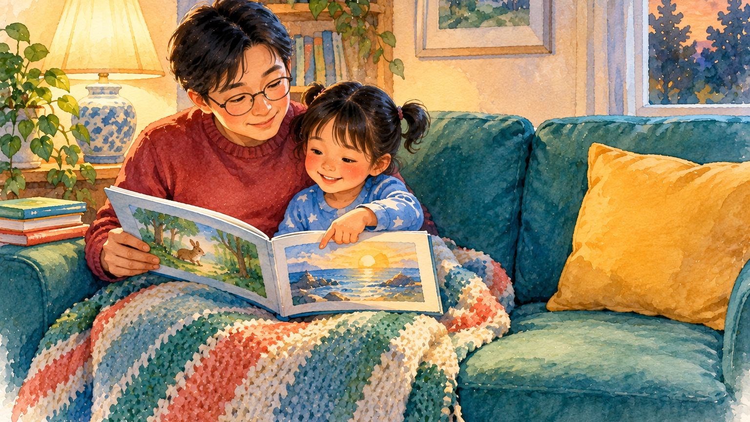 A parent and a young child read a big picture book on a teal sofa by lamplight, the child pointing at one of two pictures to choose what happens next.
